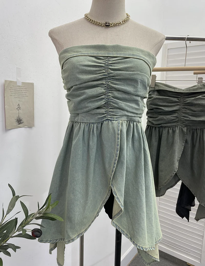 Uveng Real Shooting Niche Hottie Sexy Breast-Wearing Waist Folded Open Fork Water Washing Denim Wrapped Breastless Sleeveless Top 2636