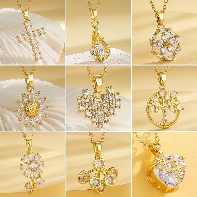 2 Pieces Stainless Steel Titanium Steel 18K Gold Plated Casual Elegant Plating Inlay Cross Heart Shape Flower Zircon Pendant Necklace