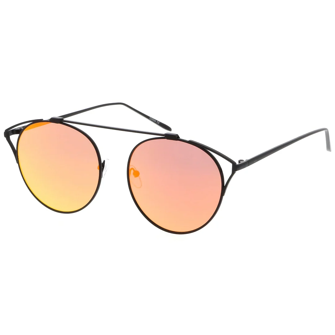 Modern Metal Cutout Cat Eye glasses With Crossbar Round Mirrored Flat Lens 55mm
