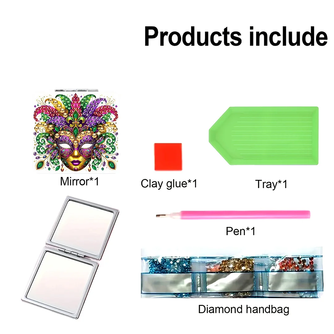 Mask-3 DIY Special Shaped Diamond Painting Compact Mirror Kits Diamond Art Painting Pocket Mirror for Beginners Adults Art Craft Woman Gifts