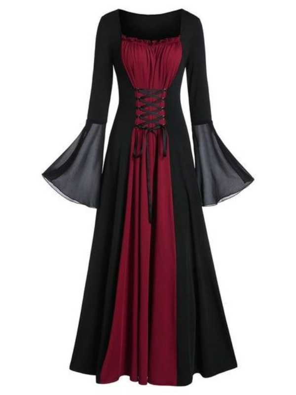 Gothic Dark Punk Paneled Bandaged Bell sleeve Square neck Swing Maxi Dress