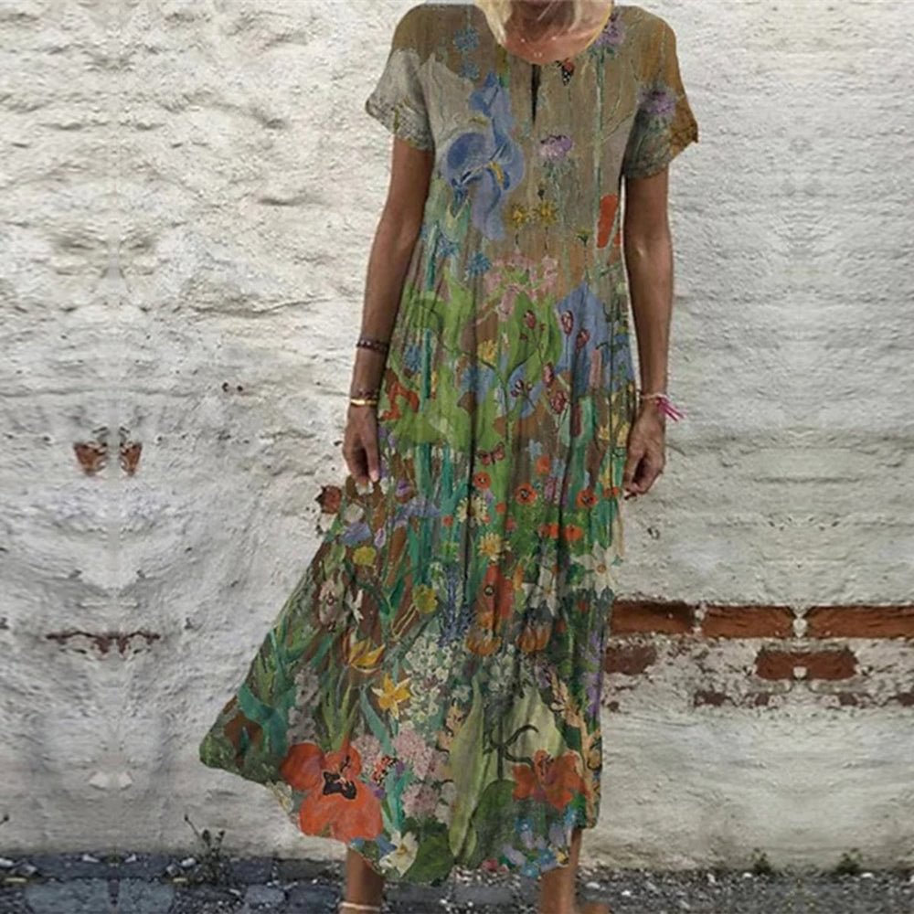 Retro Print Round Neck Midi Dress