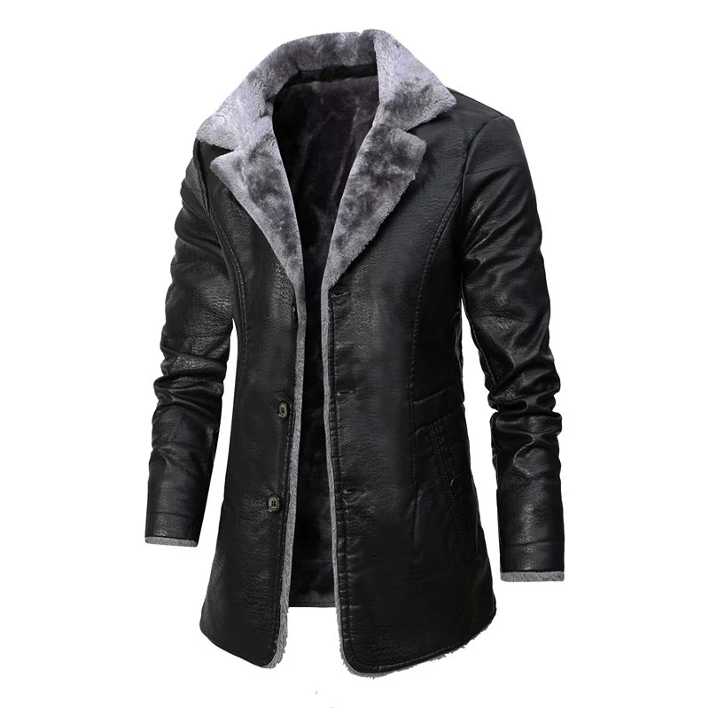 Men's Mid-Length Leather Waterproof Fur Collar Motorcycle Jacket