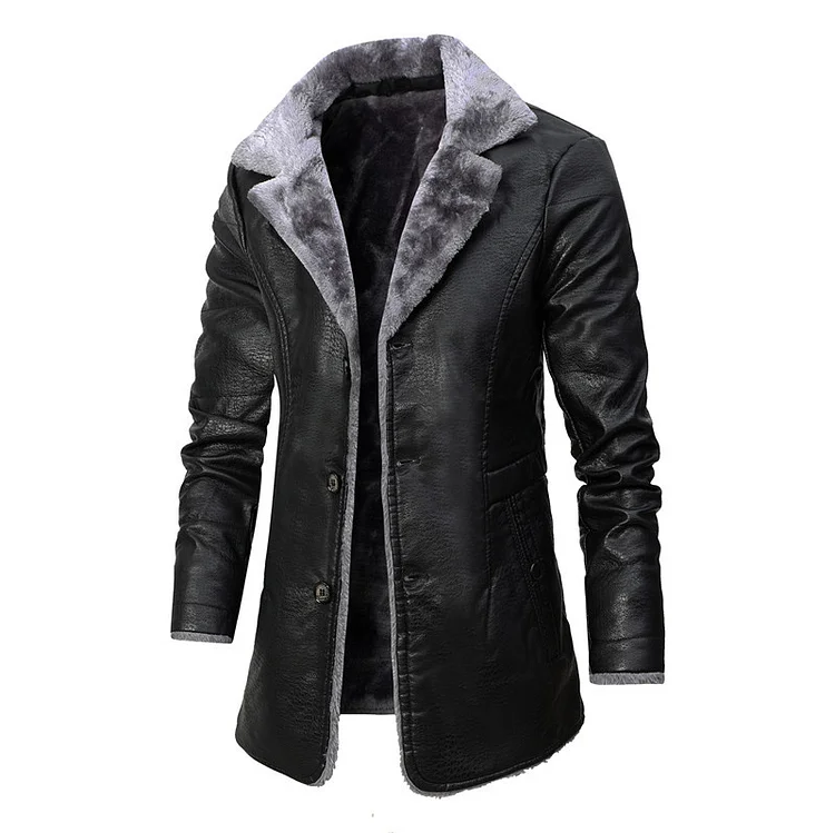 Men's Faux Leather Jacket Thick Faux Fur Shearling Lapel Collar Botton Down Long Trench Coats