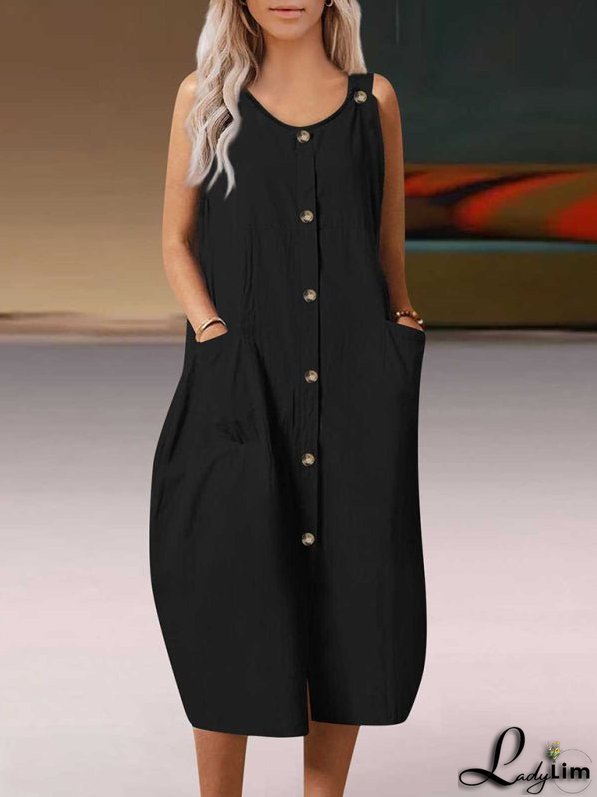 Solid Sleeveless Midi Dress with Pockets and Buttons