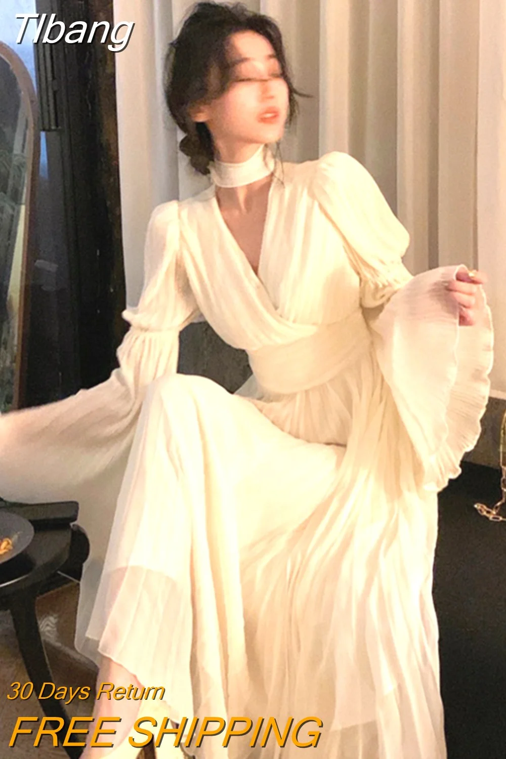 Tlbang Elegant V-Neck Midi Dress Office Lady Long Sleeve Casual One Piece Dress Korean French Vintage Chiffon Dress Women