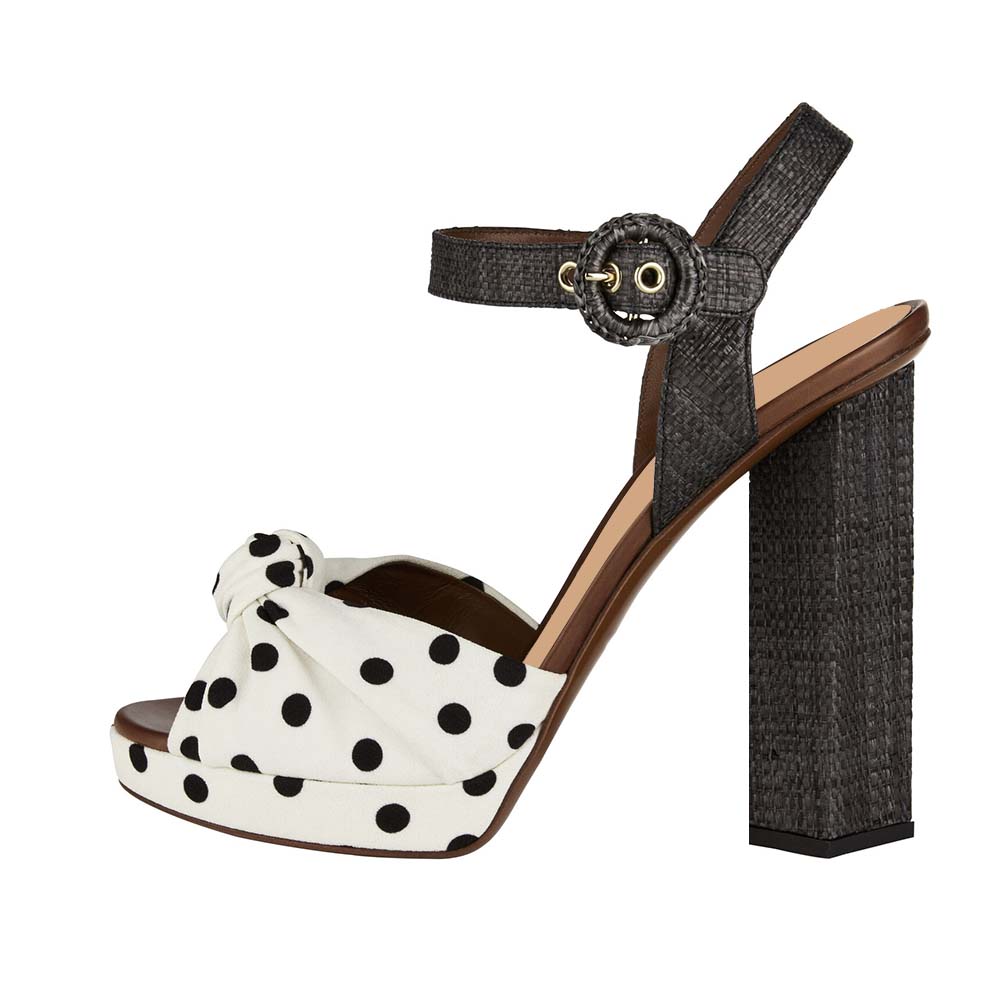 White Pointed Toe Dot Sandals With Knot Ankle Strap Chunky Heels Nicepairs