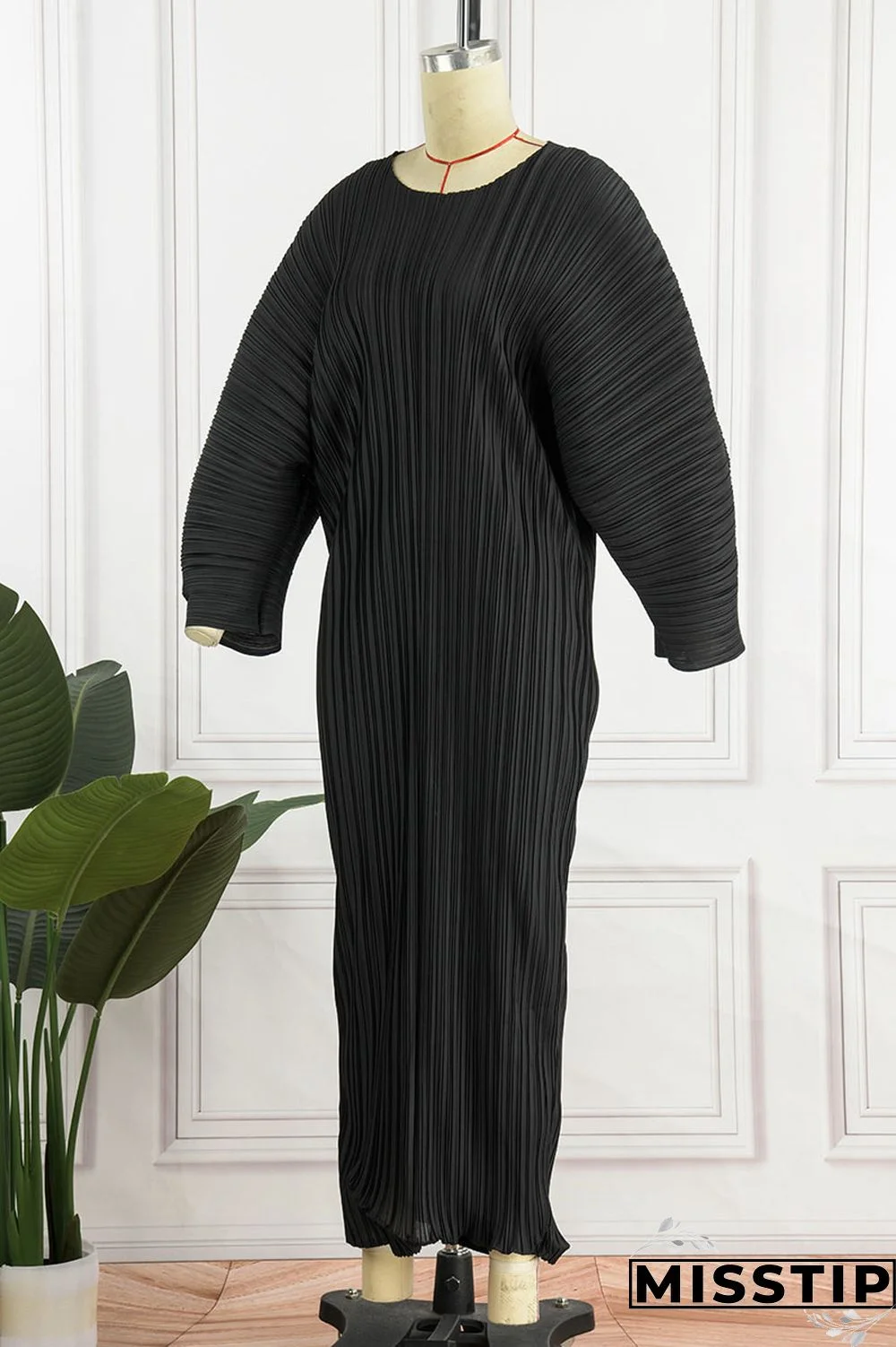 Black Casual Solid Patchwork Fold O Neck Straight Dresses