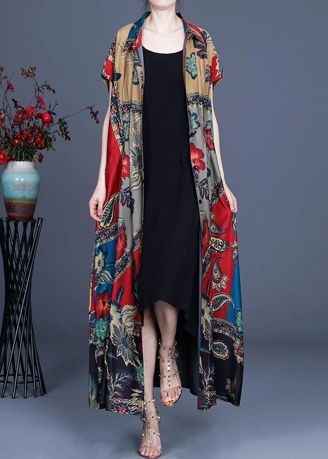 Stylish  Red Grey Print Summer Peter Pan Collar Cardigan Long