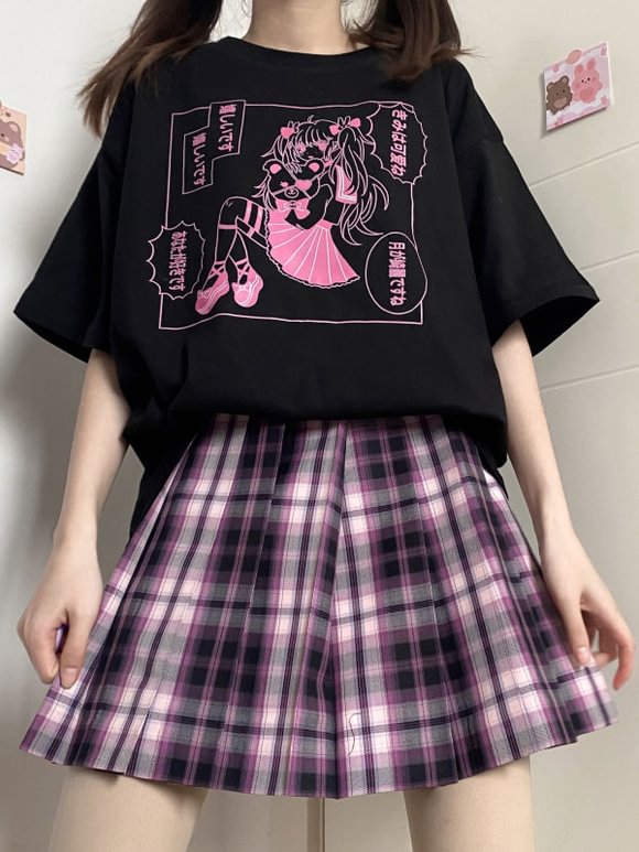 Gothic Black Top For Women Jewel Neck Short Sleeves Black T-Shirt Novameme