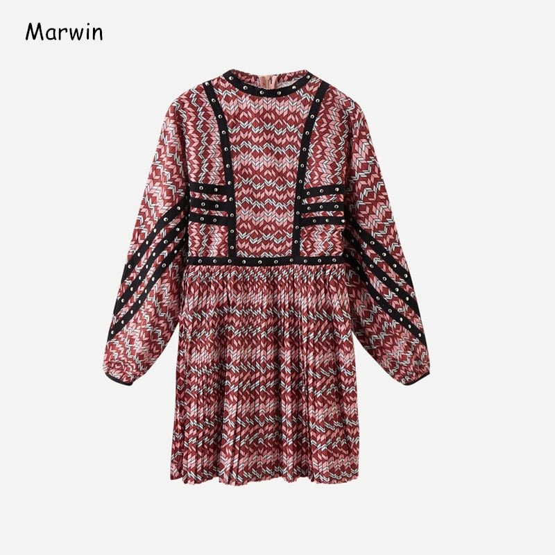 Marwin 2021 New-Coming Spring Print Pleated Dress O-Neck Knee-Length Rivet Fit And Flare High Street Style Women Dresses
