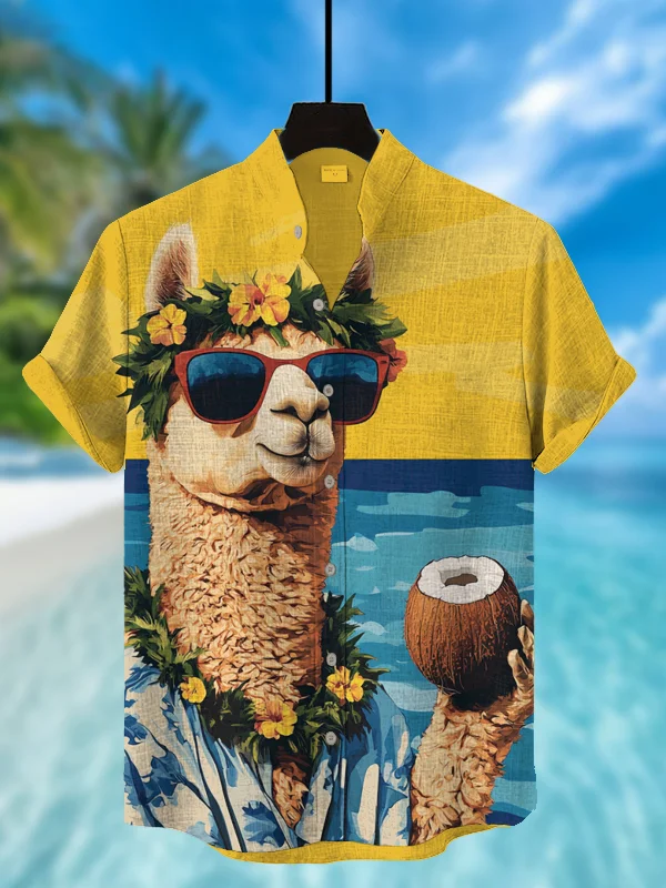 Men's Vacation Alpaca Wearing Flower Rings Drinking Coconut Juice Art Print Casual Shirt