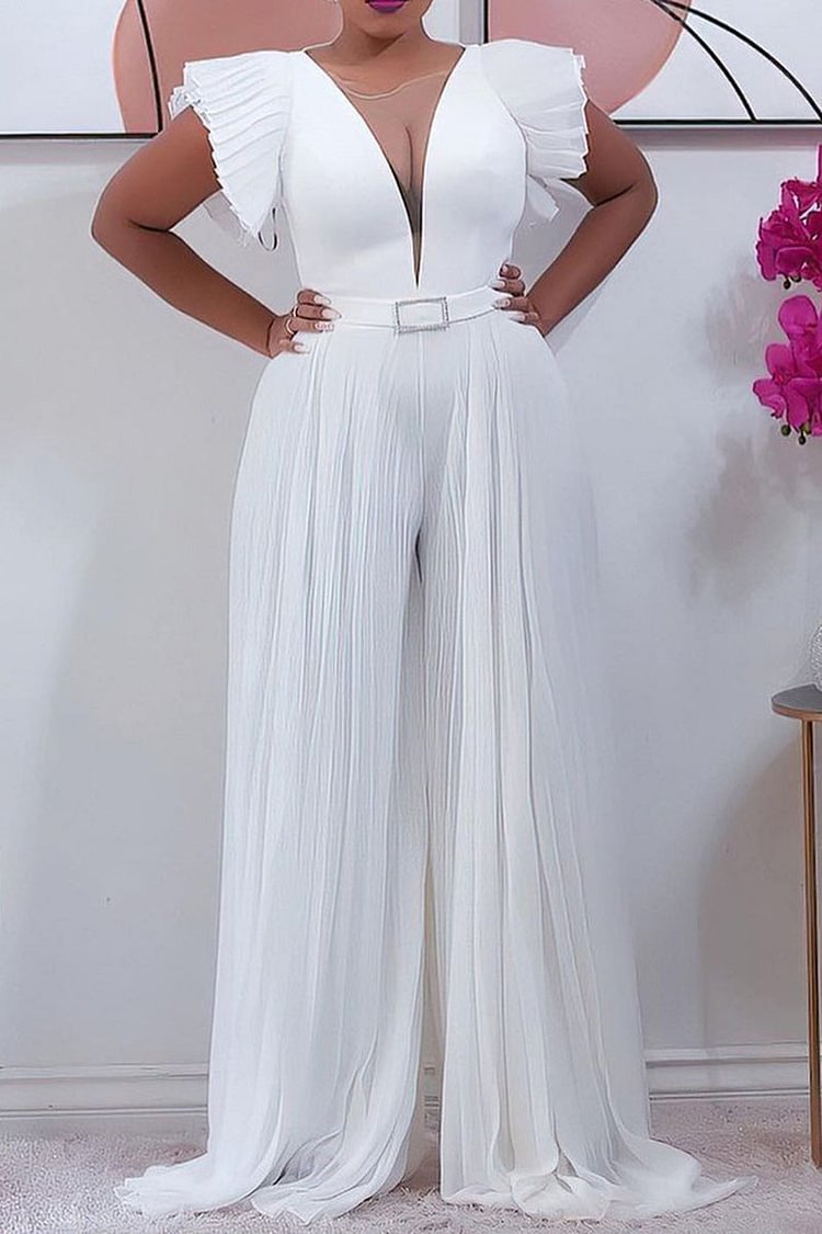 Deep V Neck Pleated Sheer Stitching Wide Leg Jumpsuit