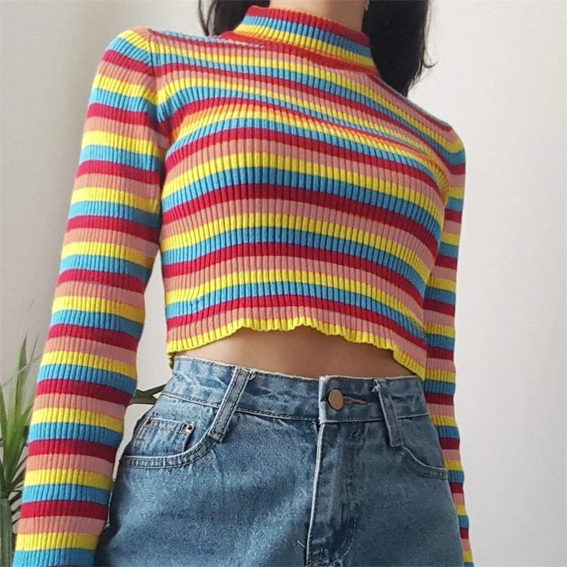 Women's Warm Sweater Female 2019 New Fashion Rainbow Sweater Ladies High Collar Short Corp Tops Femme