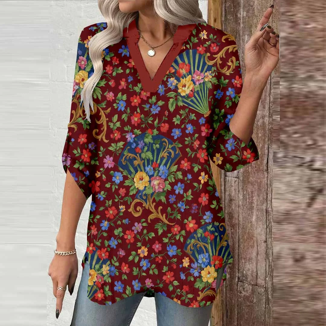 Women Flowers, Red, Black DZGA0383 3/4 Sleeve V-neck Printed Graphic Button Tops