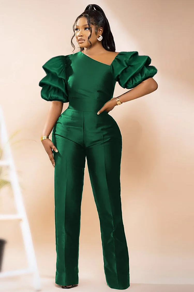 Tiered Puff Sleeve One Shoulder Jumpsuit