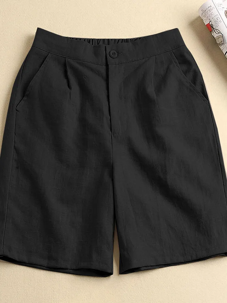 Solid Pocket Elastic Waist Casual Shorts For Women