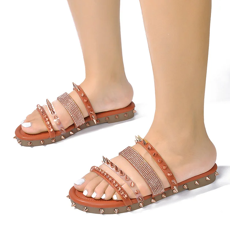 Brown Open Toe Mules Rhinestone Rivets Strappy Flat Slides Shoes |FSJ Shoes