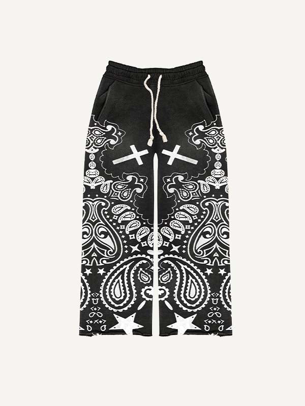 Paisley&Skull Print Elastic Waist Pants