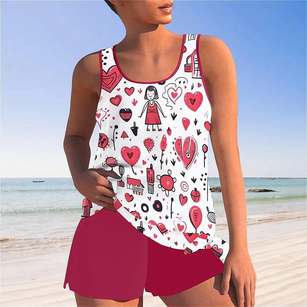 Bowknot Heart,Love,Valentine's Day Mid Waisted Tankini Set - Plus Size Available
