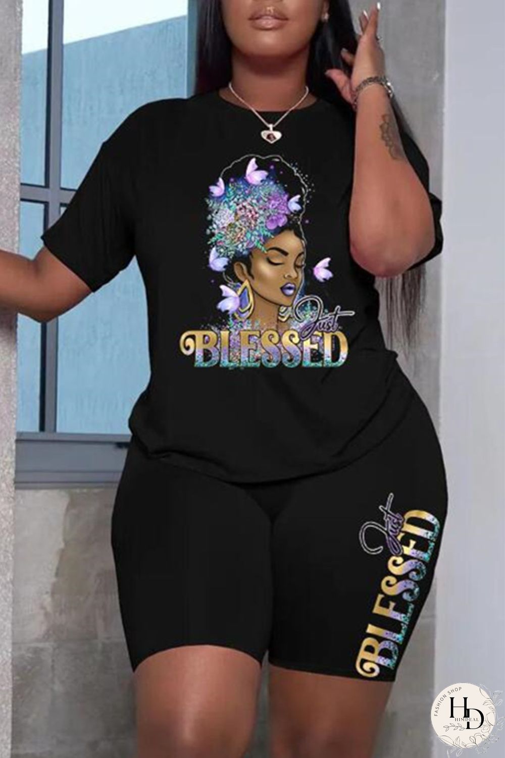 Grey Fashion Casual Print Patchwork O Neck Short Sleeve Plus Size Two Pieces