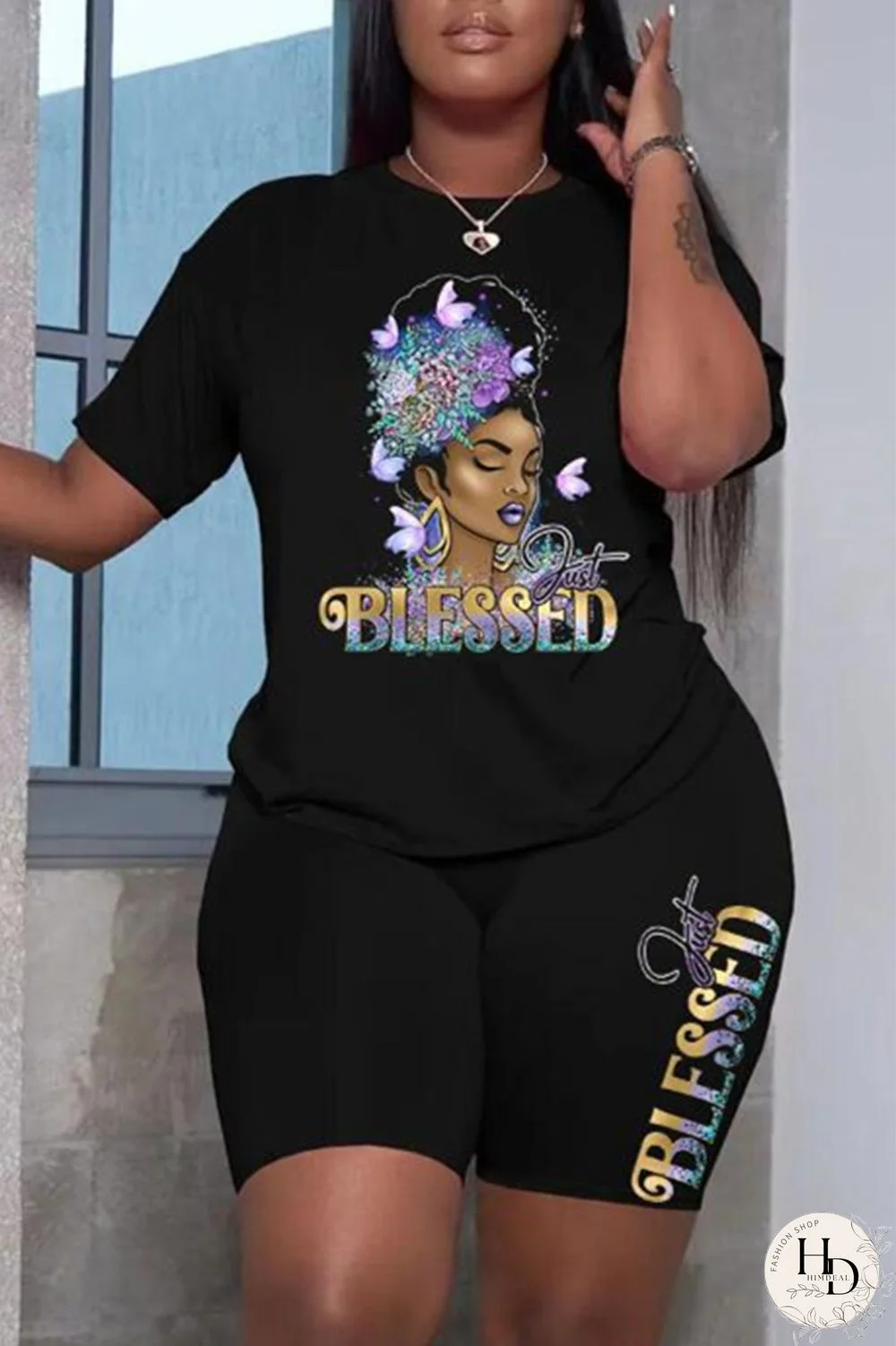 Grey Fashion Casual Print Patchwork O Neck Short Sleeve Plus Size Two Pieces