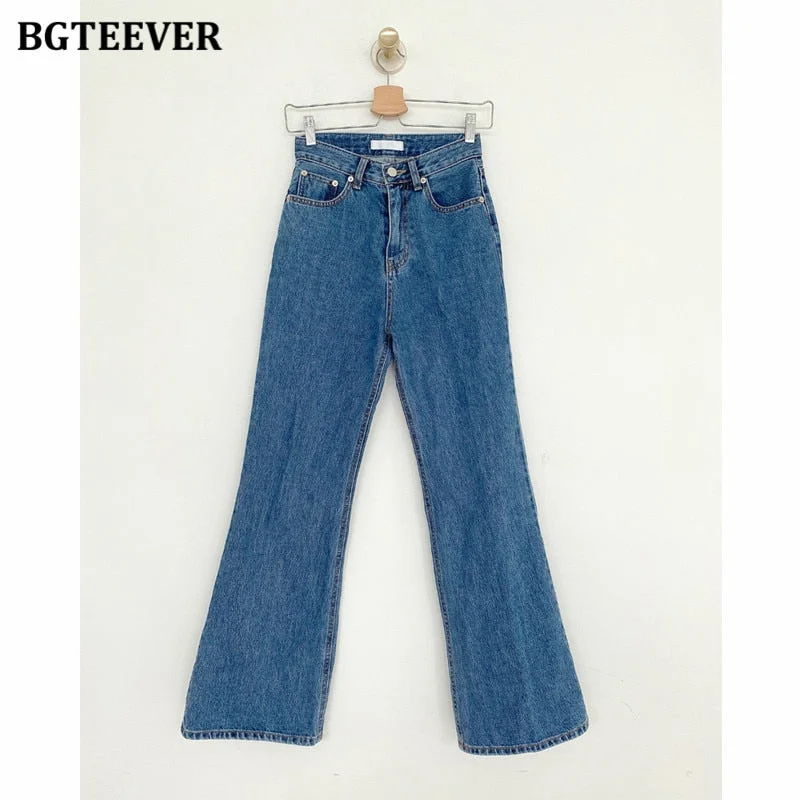 BGTEEVER Casual Loose Straight Women Jeans Pants High Waist Pockets Female Floor-length Wide Leg Denim Trousers 2021 Autumn