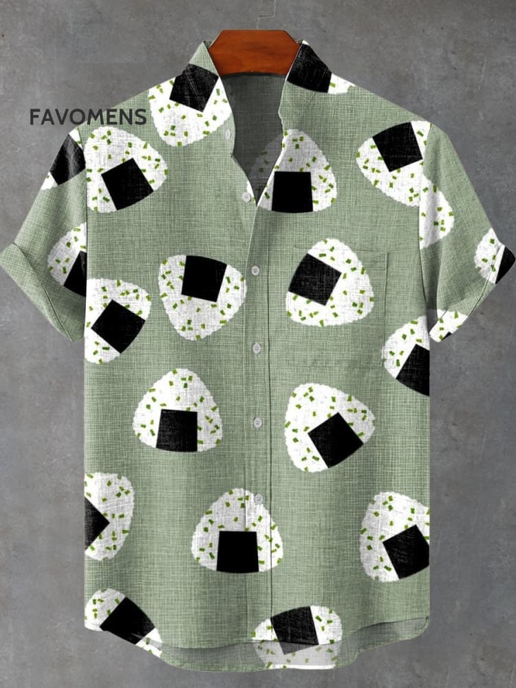 Japanese Style Sushi Rice Balls Art Print Casual 100% Cotton Shirt Multicolor / S