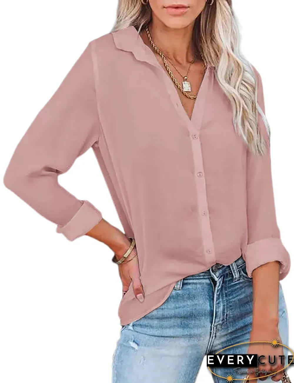 Pink Solid V Neck Buttoned Long Sleeve Shirt
