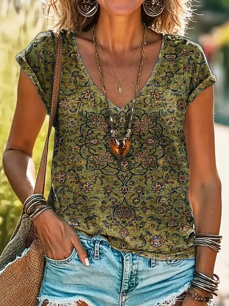 Women's Retro Ethnic Art Pattern Print 100%Cotton V-neck T-Shirt