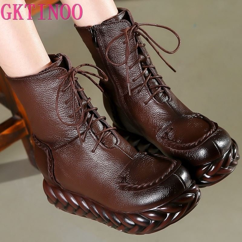 GKTINOO New Vintage Mother Flat Genuine Leather Ankle Boot for Women Cowhide Lace-Up Winter Warm Shoes Woman Platform Snow Boots