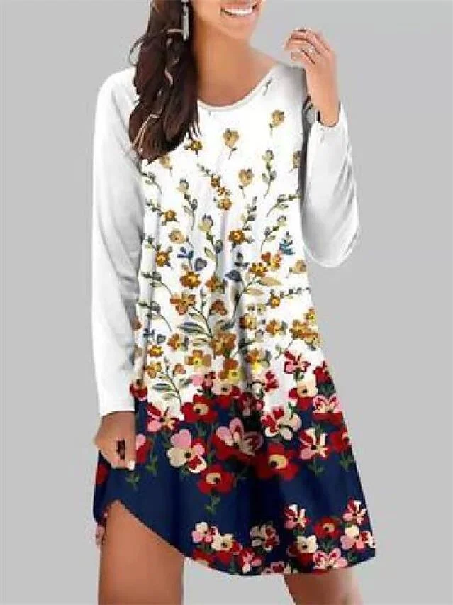 Women Long Sleeve Scoop Neck Floral Printed Graphic Dress