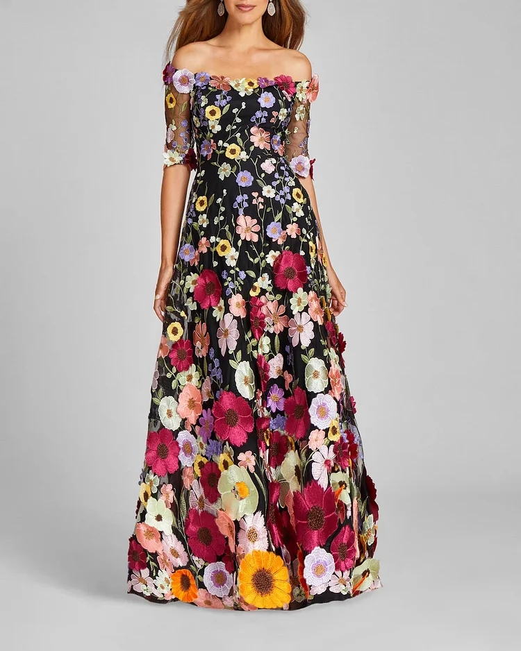 Off The Shoulder Elbow Sleeve Floral Appliqued Gown