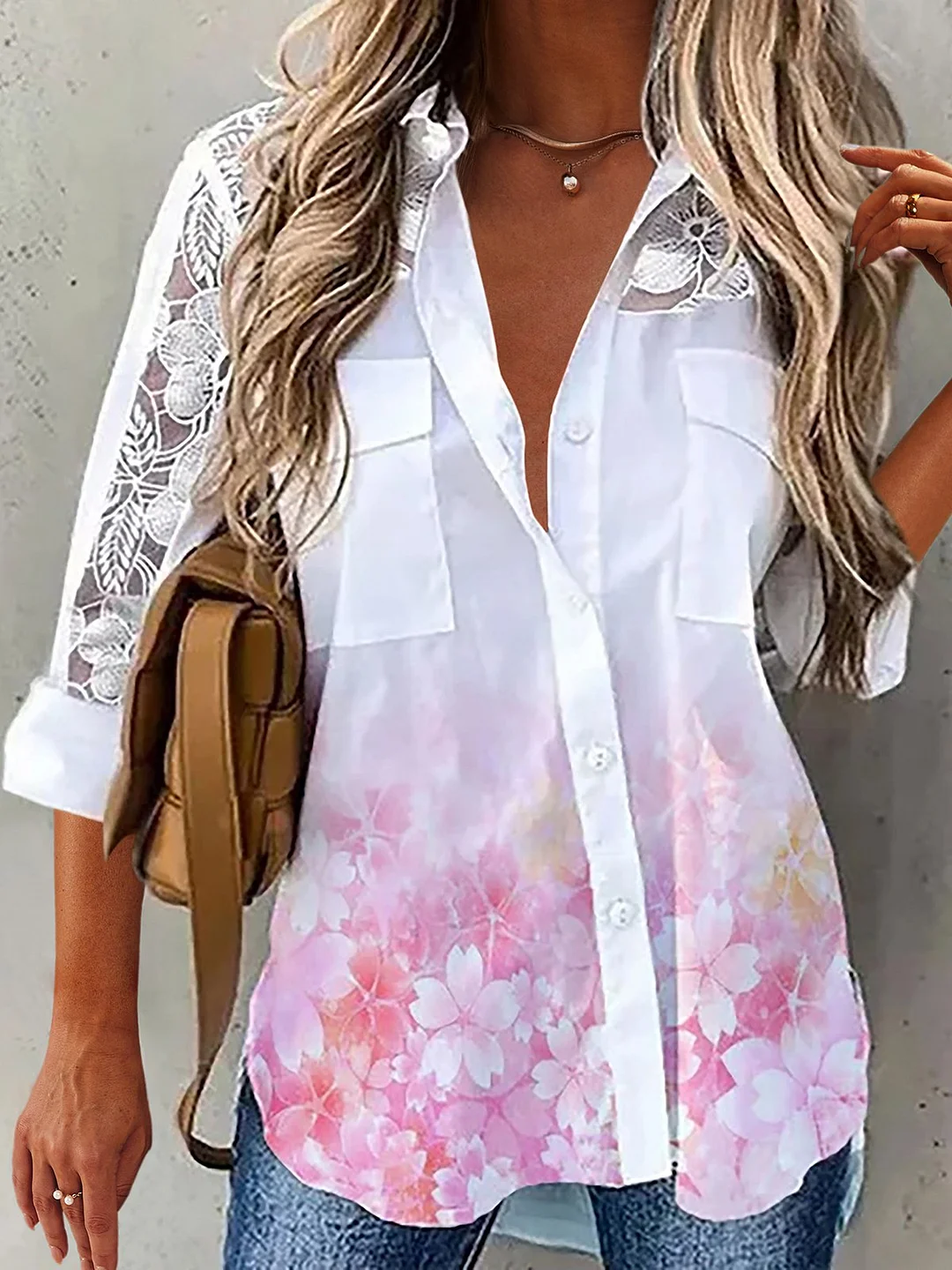 Lace 3/4 Sleeves Floral Printed Pockets Plus Size Casual Shirt