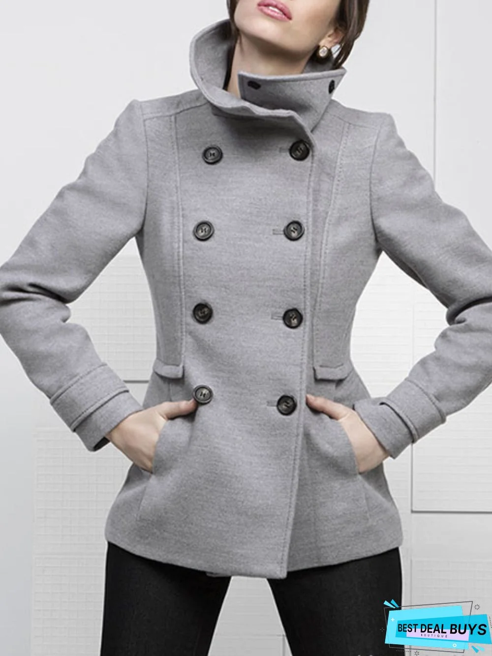 Gray Long Sleeve Pockets V Neck Knit coat