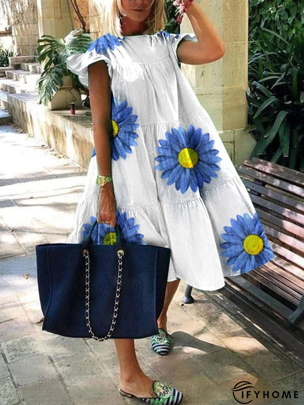 Floral Loose Crew Neck Casual Dresses | IFYHOME