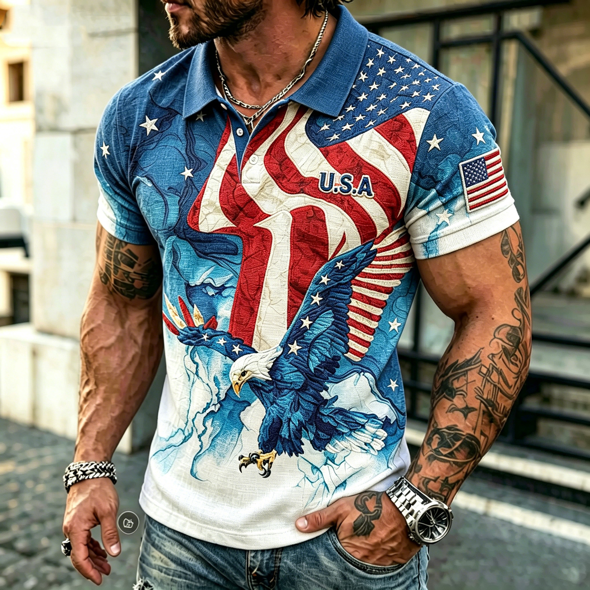 Men's American Flag And Eagle Print Polo Shirt  artssus
