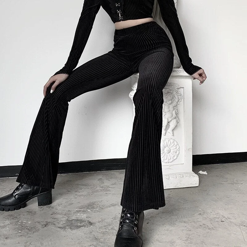 ABEBEY-Viifaa Ribbed Black High Waist Slim Fitted Skinny Long Flare Pants Women  Spring Autumn Stretchy Trousers Streetwear