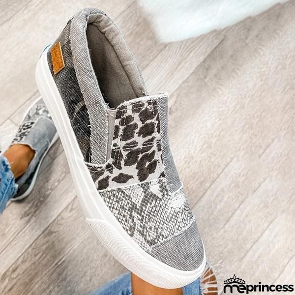 Lydiashoes Pieced Raw Edge Animal Print Canvas Slip-On Flats