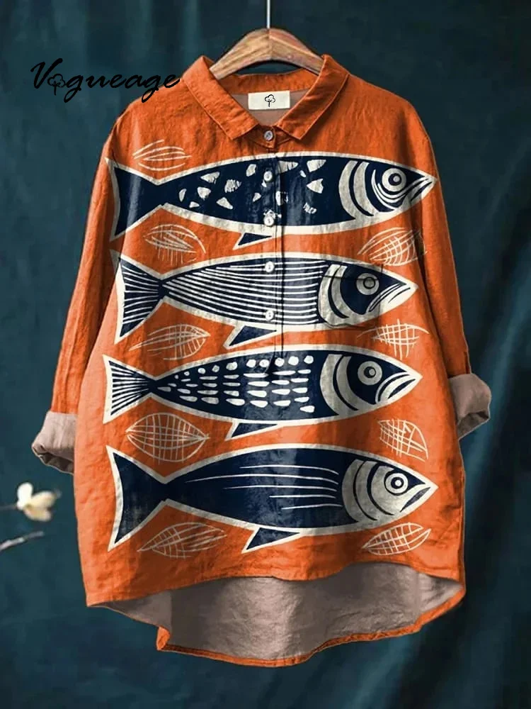 Simple Lines Fashion Fish Print Cotton And Linen Shirt