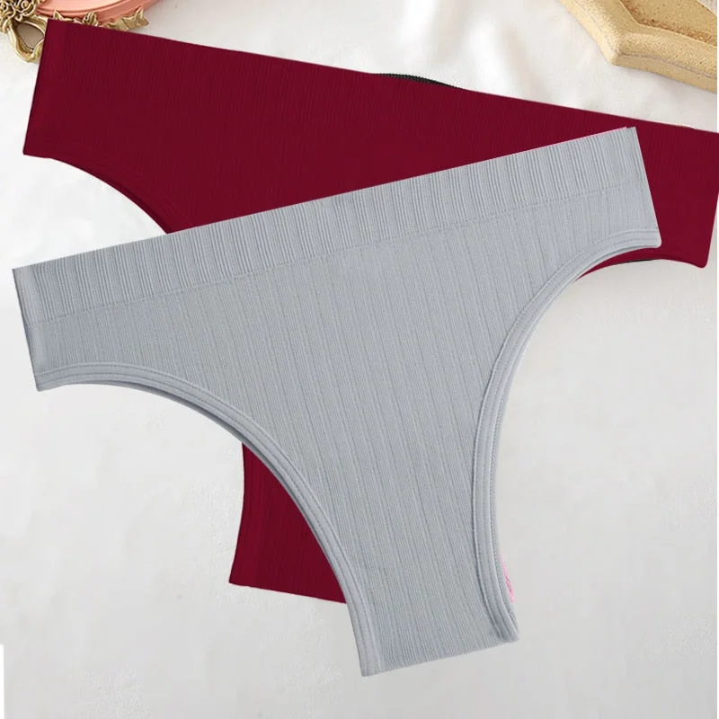 FINETOO 2PCS/Set M-XL Women Seamless Pantys 9 Solid Colors Sexy Brazilian Panties  Midi-Waist Underpants For Girls Fashion Thong