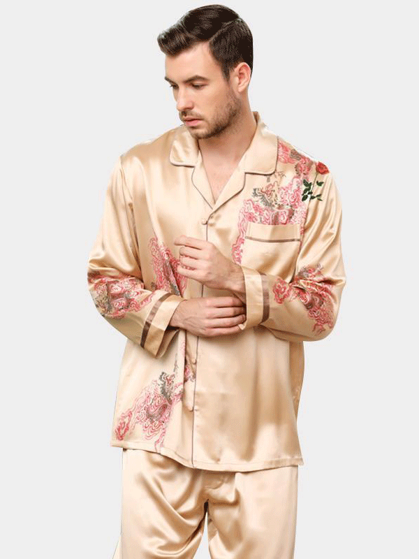 30 Momme Floral Silk Pajamas For Men Gold Silk Pajamas