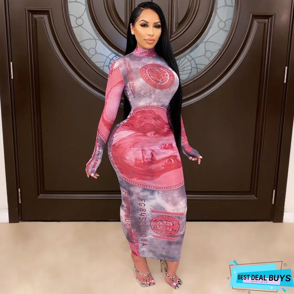 Fashion Sexy Screen Printed Long Sleeve Dress