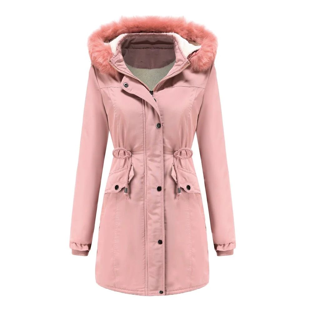 Women's Cotton Padded Detachable Hat Large Fur Collar Coat