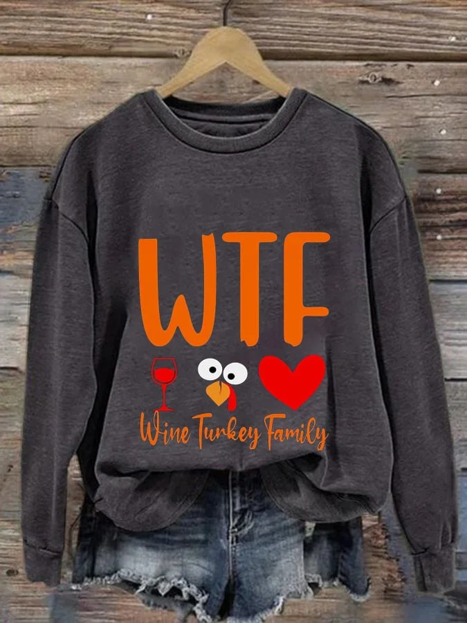 Women's WTF Wine Turkey Family Print Casual Sweatshirt