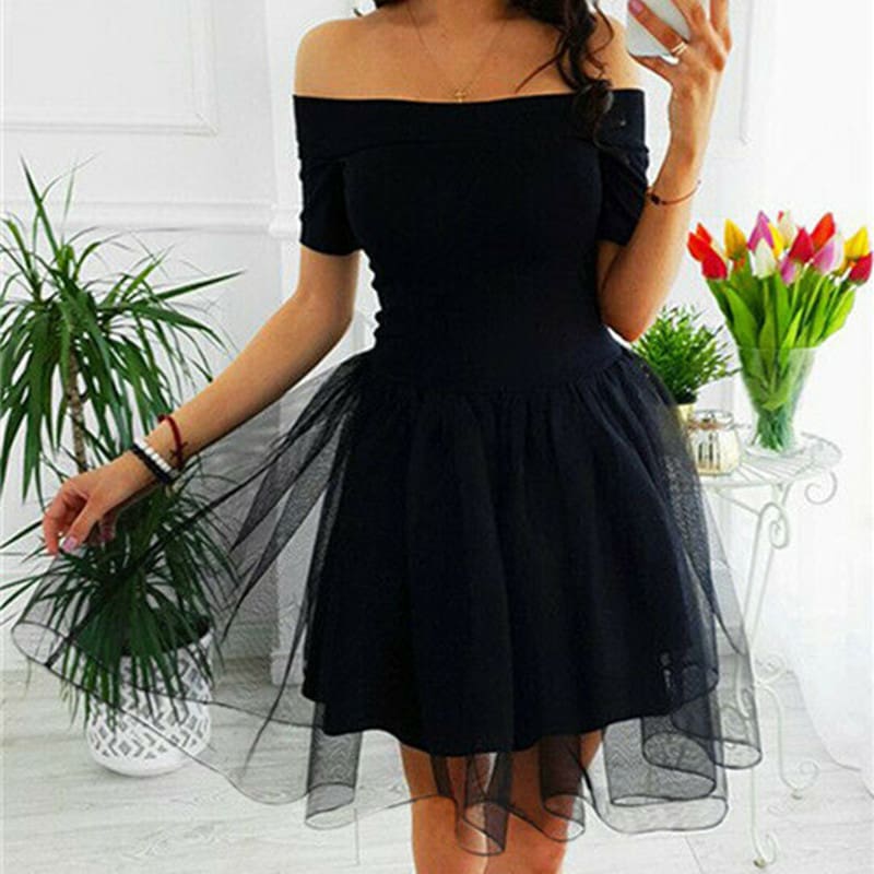 Elegant Women Summer Ruffle Mesh Mini Dresses Off Shoulder Evening Party Ladies Cocktail Club Mini Formal Dress