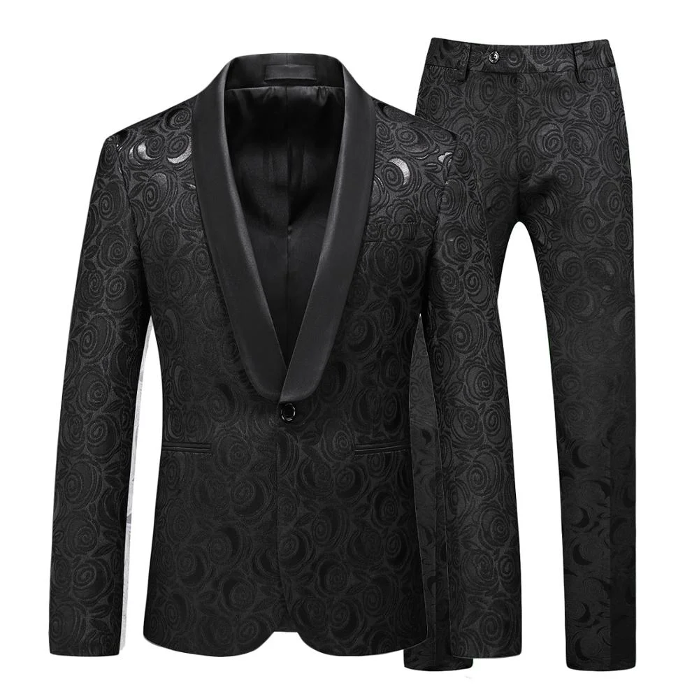 Woherb 2 Pieces Men's Tuxedo Suit Sets Jacquard Material Black White Retro Lapel Slimming Floral Wedding Clothing Man Suit with Pant