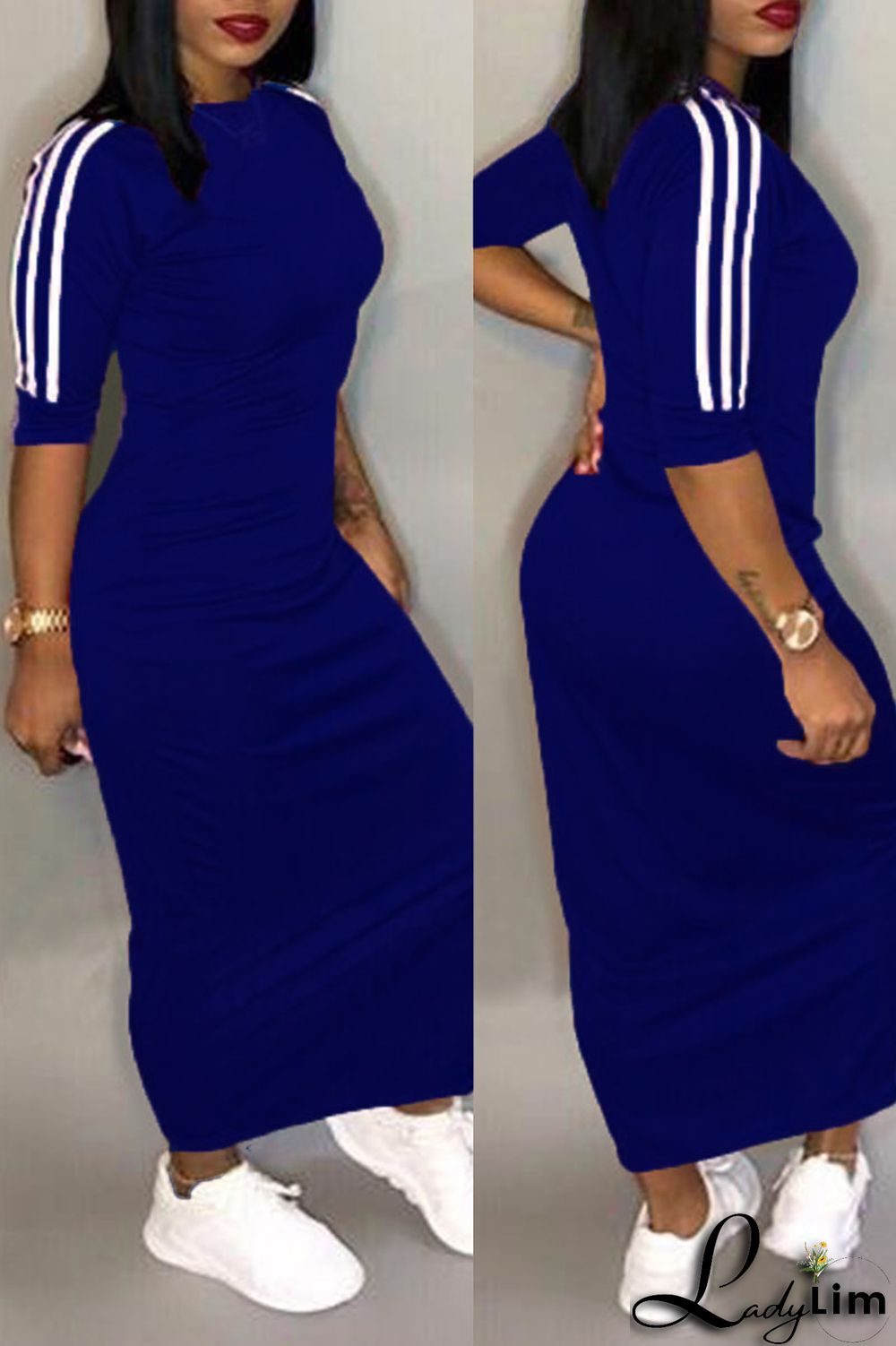 Deep Blue Casual Solid Patchwork O Neck Straight Dresses