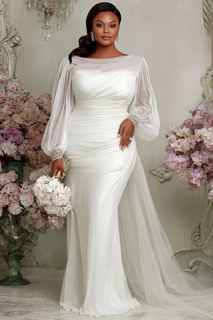 Xpluswear Design Plus Size Wedding Tulle White Boat Neck Lantern Sleeve Long Sleeve With&nbsp;Skirt&nbsp;Overlay&nbsp;See Through Satin Maxi Dresses 2024 - Xpluswear