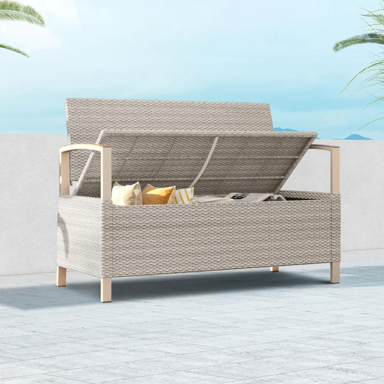 GRAND PATIO Outdoor Storage Bench Deck Box with Olefin Cushion, All-Weather Wicker Deck Box with Waterproof Bag, Steel Frame Seating